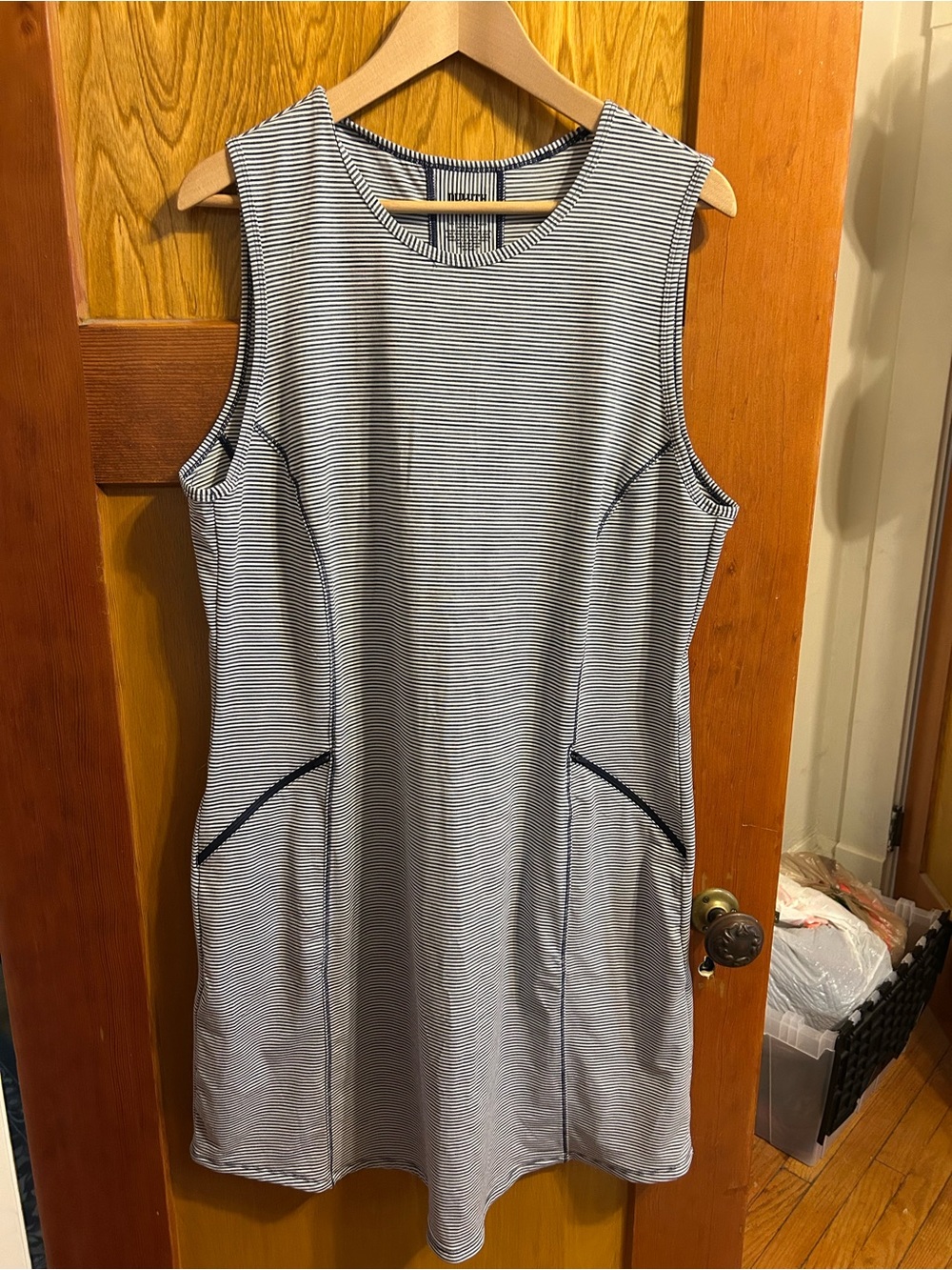 Duluth Trading Co Navy & White Striped Sleeveless Midi Dress